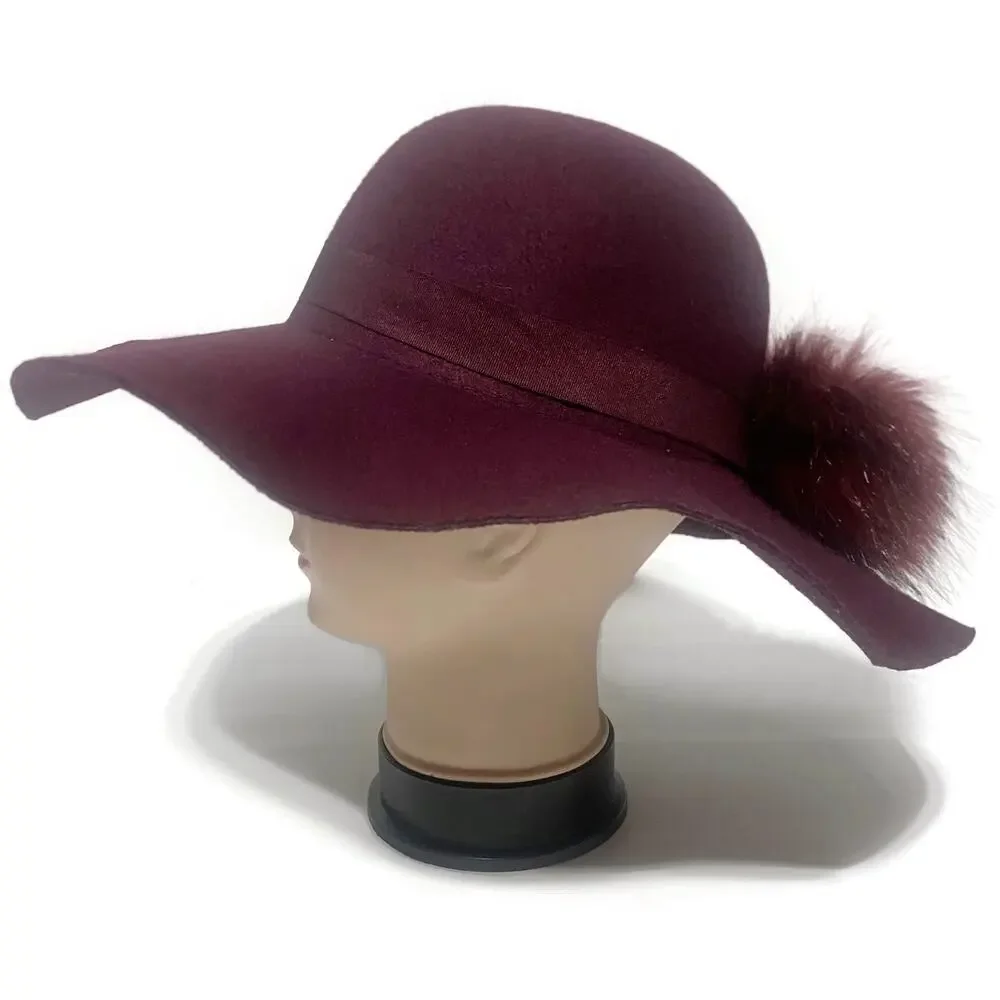 Torrid Wide-Brim Felt Hat With Fur Pom-Pom Deep Burgundy Purple Size S/M